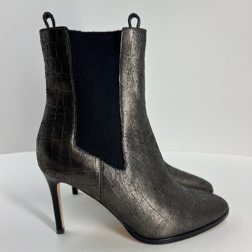 PAIGE Celeste Ankle Bootie Size 8.5 Stiletto Heel Gunmetal Croc Leather Metallic - Picture 2 of 14
